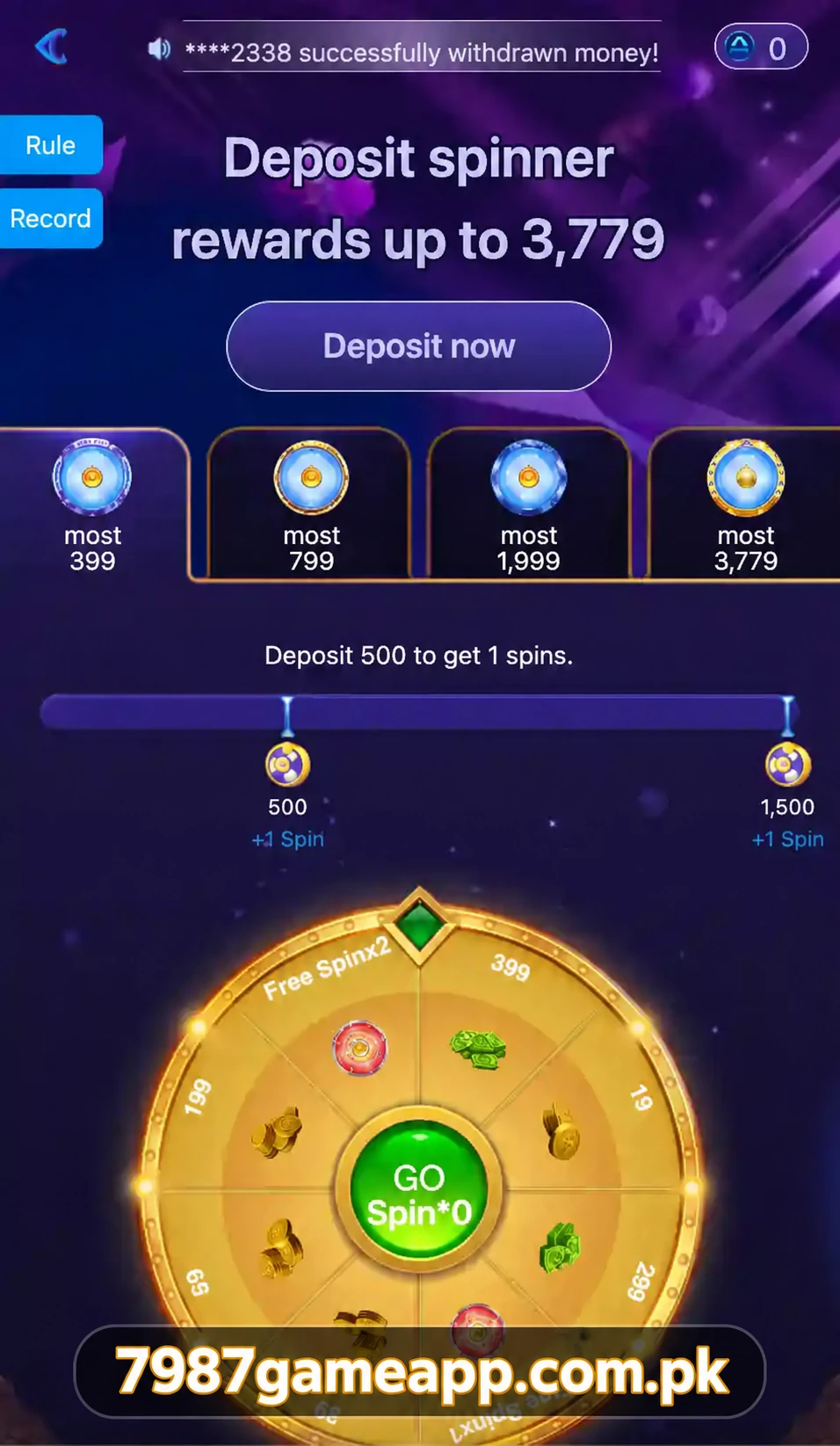 7987 Game deposit spinner screen