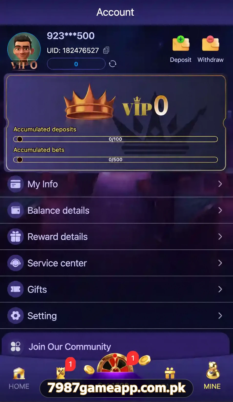 7987 Game account screen
