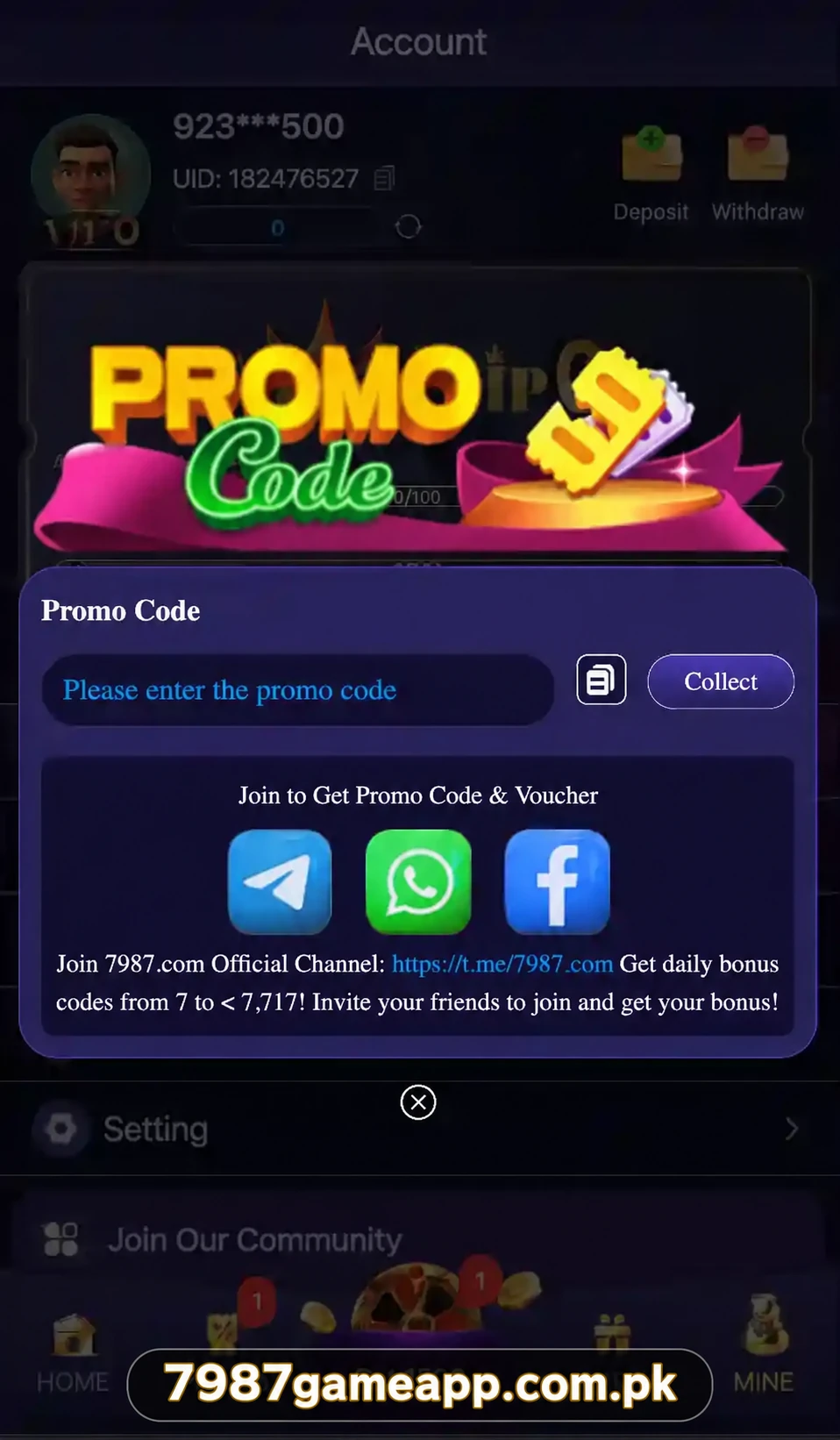 7987 Game promo code screen